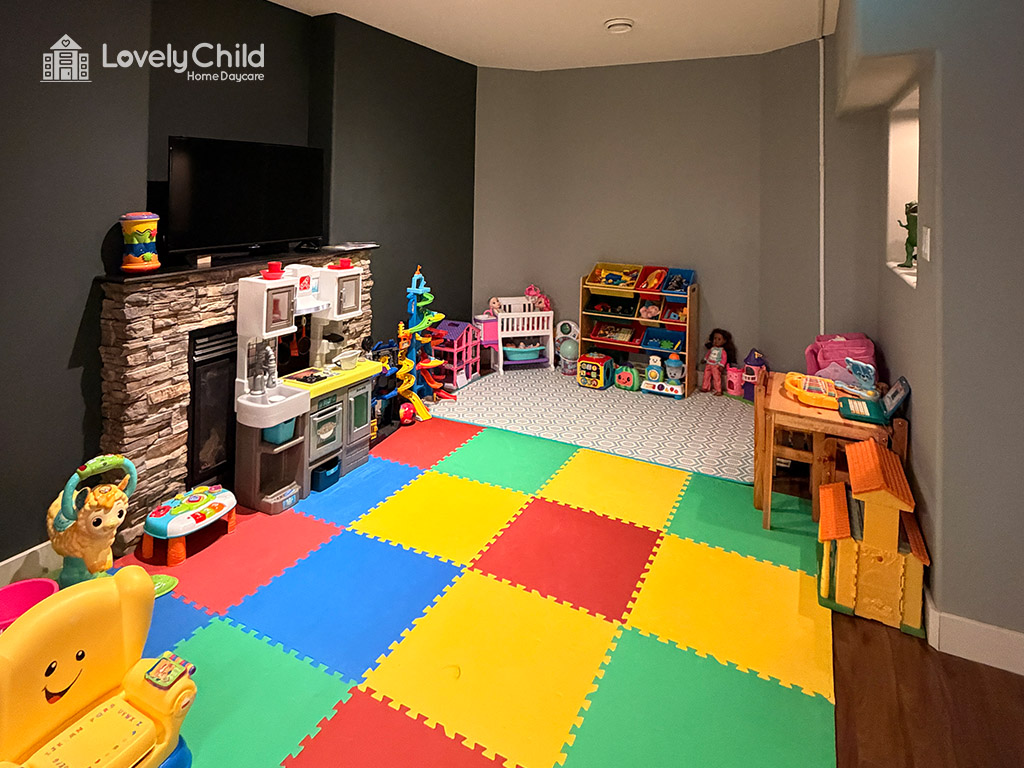 Cozy playroom corner with a television and toy storage