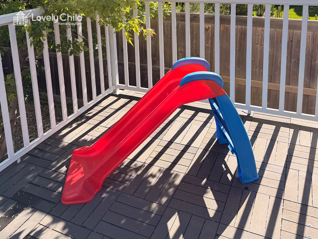 Slide set up on the outdoor play deck