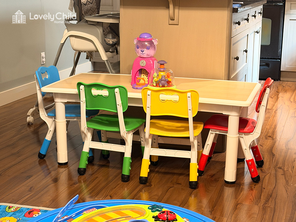 Child-sized table and chairs set up for activities