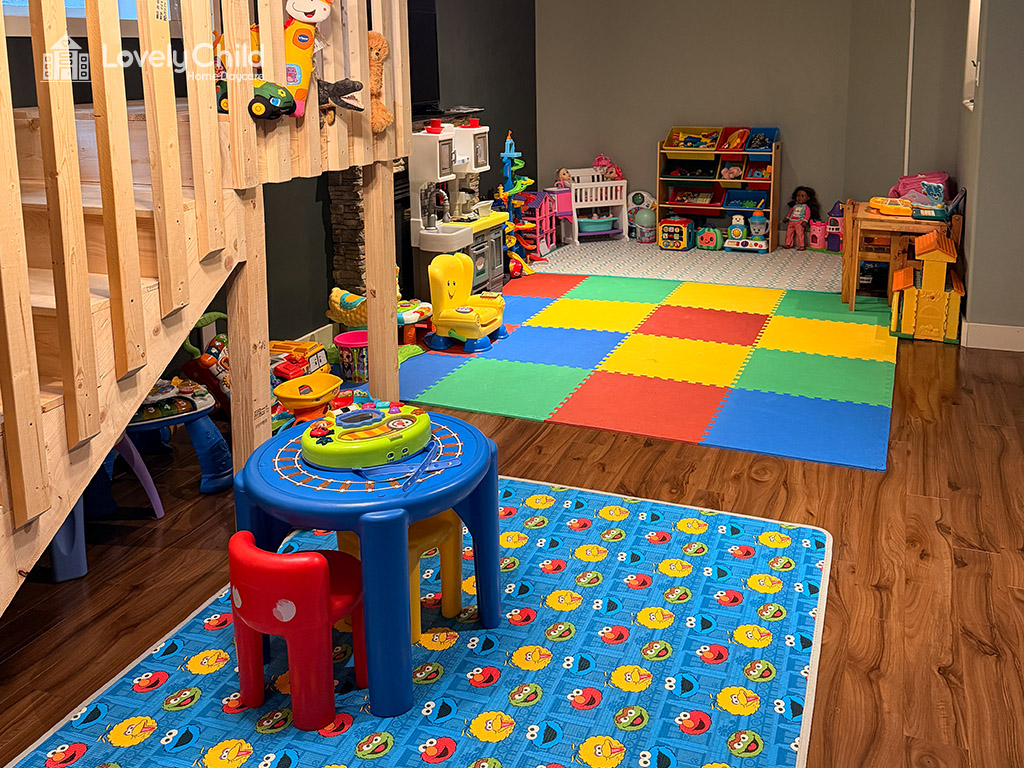 Bright, organized indoor playroom with learning toys